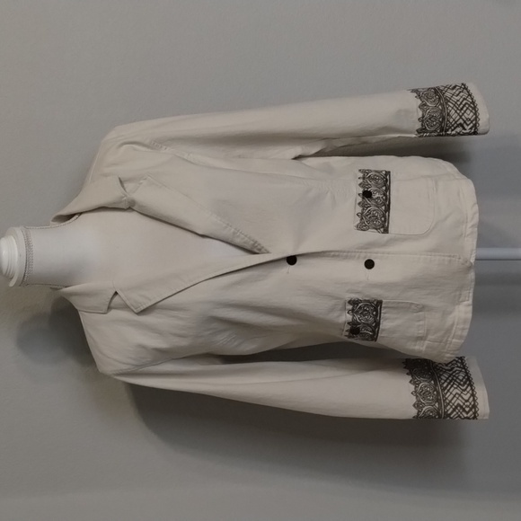 Christopher & Banks blazer jacket large brown embroidered stitching cream large - Picture 1 of 10